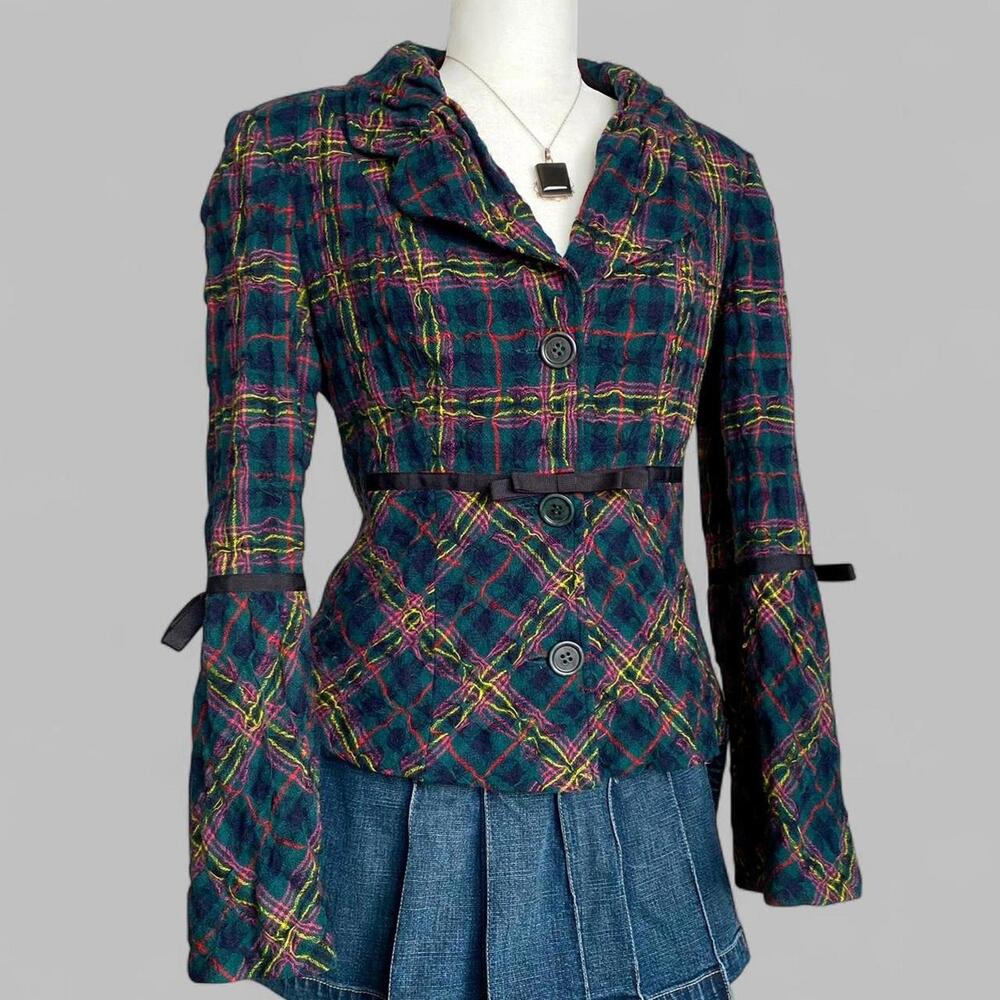 Simon Chang Wool Multicoloured Plaid Blazer with Bow Detail & Flare Sleeves!